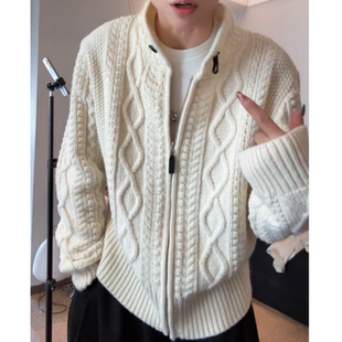气质高级感百搭双拉链立领米白色上衣冬季女装2026年新款针织开衫