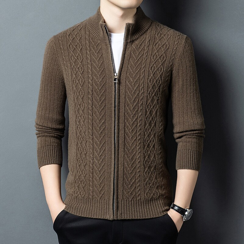 恒源祥羊毛衫男100纯羊毛加厚针织开衫立领秋冬保暖毛衣拉链外套
