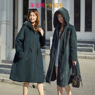 羊毛呢纯双面两穿宽松抽绳水貂毛大号码 进口女整貂皮大衣 收腰长款