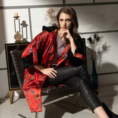 喜庆香云纱印花宽松大号码 外套水貂连帽真桑蚕丝复古夹棉袄服大衣