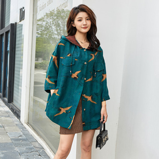 桑蚕丝纯香云纱重磅动物印花连帽薄款宽松休闲夏衬衫上衣装短外套