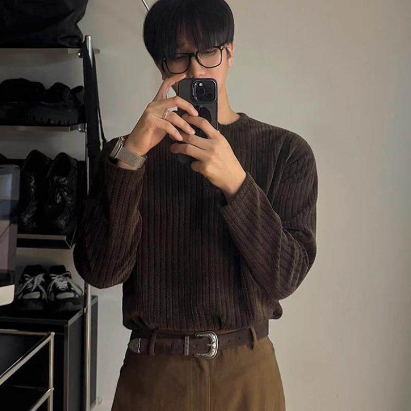 亨利领长袖针织T恤男春款高级感宽松休闲肌理感打底衫韩系穿搭潮