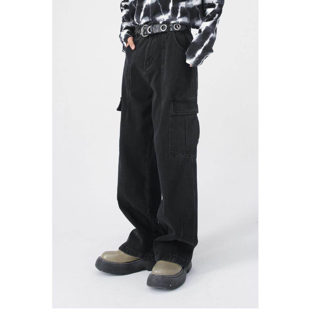 美式街头高级感黑色阔腿工装裤男直筒宽松显瘦帅气复古牛仔长裤潮