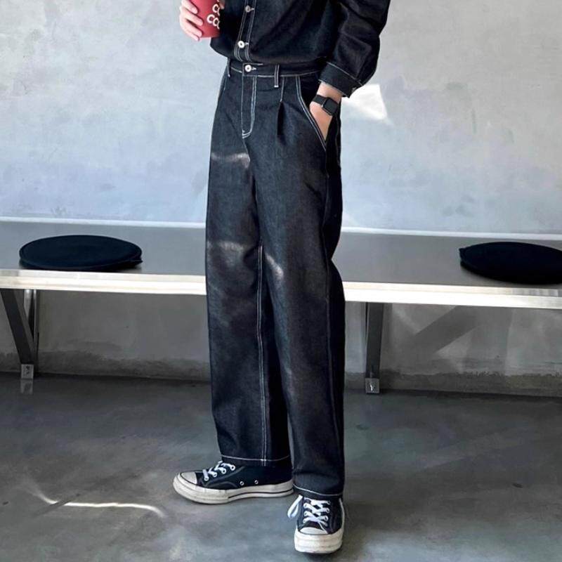 美式高街复古水洗黑色牛仔裤男帅气秋款原色直筒宽松休闲阔腿裤潮