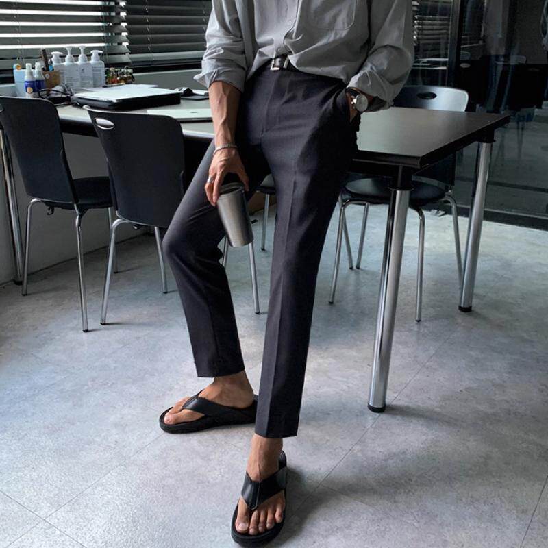 韩版春款灰色复古九分裤修身直筒裤男士休闲裤潮9分西装裤明星款