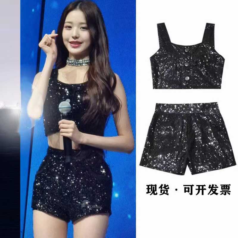 露脐吊带短裤套装亮片黑色打歌服