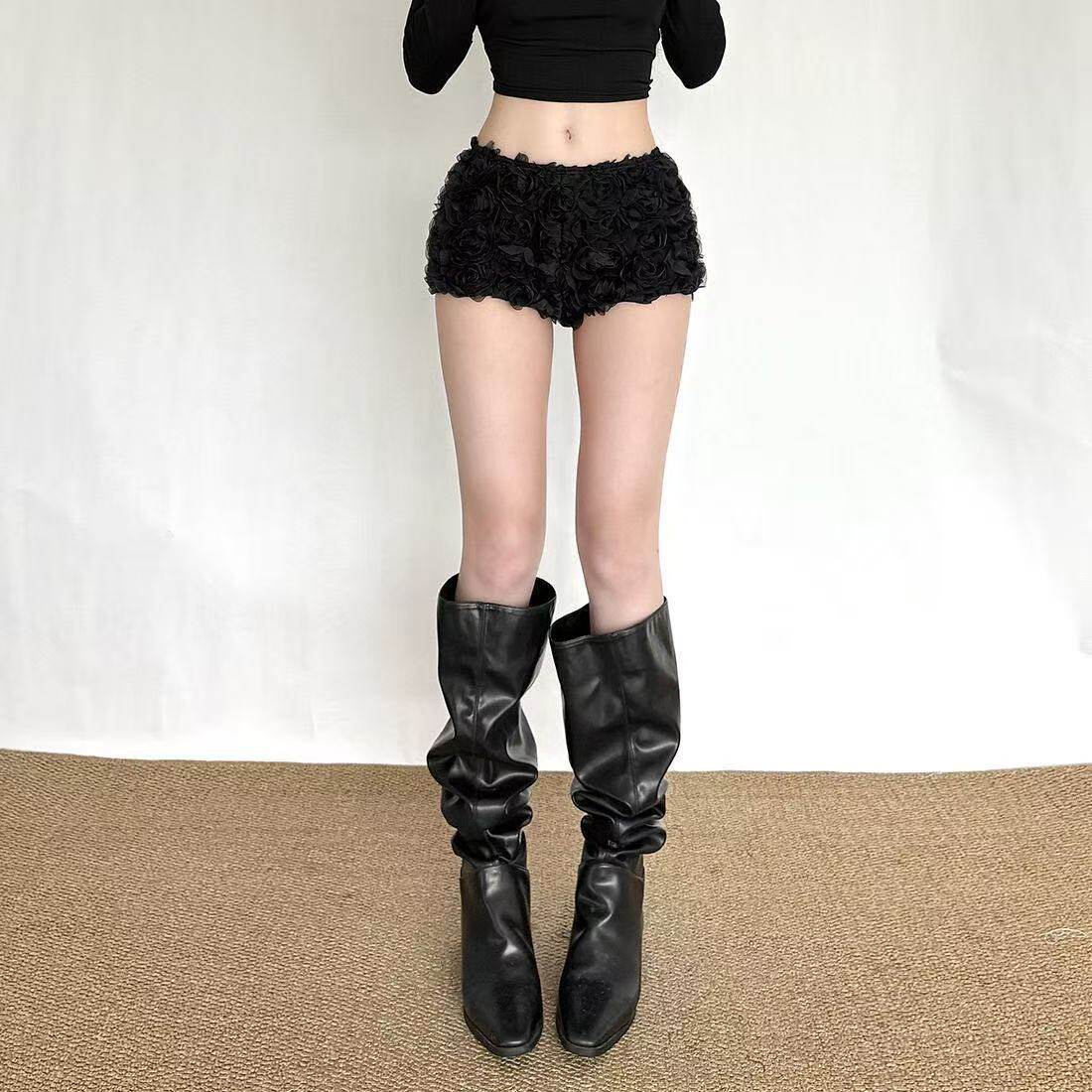 SylCue 时尚洋气百搭立体玫瑰高腰显瘦休闲裤紧身辣妹包臀短裤女