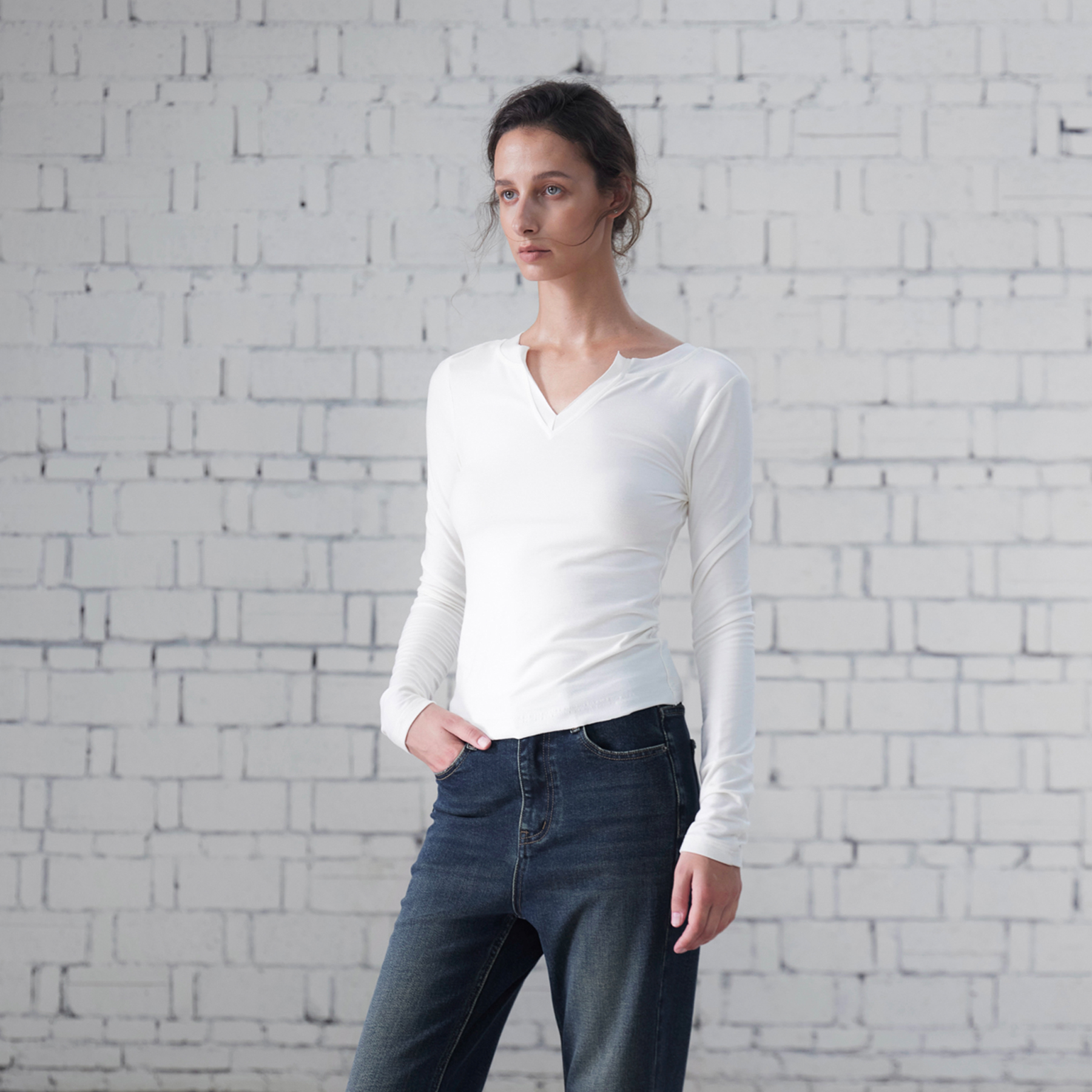 自然卷边莱赛尔羊毛打底衫