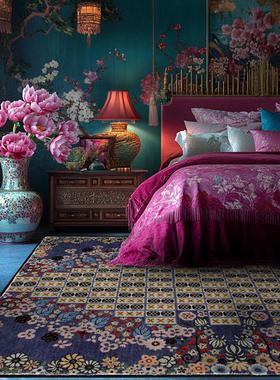 可机洗复古美式碎花卉繁花簇紫色民族风客厅卧室防滑地毯地垫