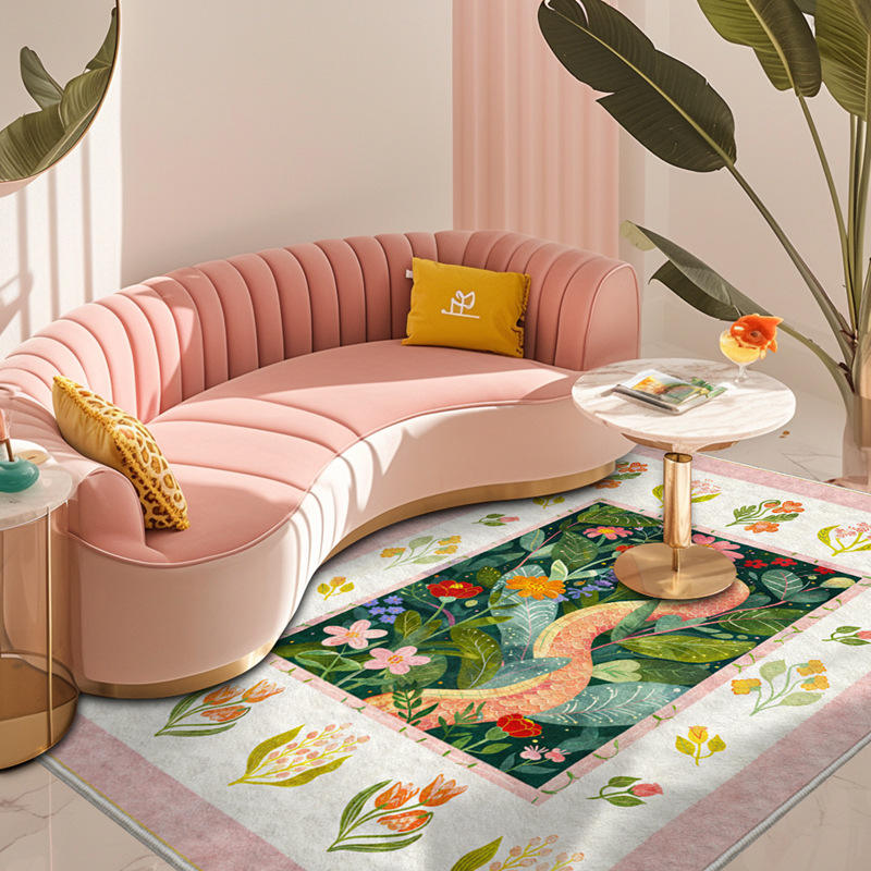 仿羊绒水洗底可机洗小清新绿色小花朵花卉蛇卧室床边地毯地垫