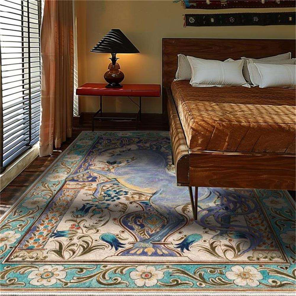 仿羊绒可机洗清新湖蓝绿色波斯俊马民族风卧室客厅地毯地垫