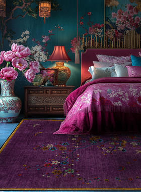 仿羊绒可机洗复古典新中式田园风花卉花朵深紫色客厅卧室地毯地垫