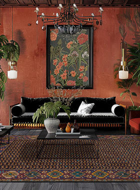 可机洗复古紫色橘黄红色几何民族风客厅卧室防滑地毯地垫