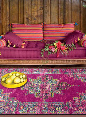 时尚复古玫紫色几何波斯民族风厨房客厅卧室床边地毯地垫