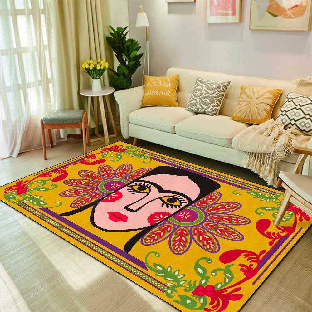 弗里达卡里人脸人像民族风黄红色客厅卧室圆形地毯床边地垫