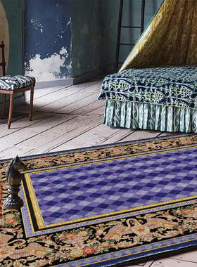 轻奢华宫廷风紫色格子欧式法式花卉框卧室防滑地毯地垫