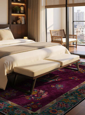 复古新中式中国风花卉框玫红深紫色绿色客厅卧室防滑地毯地垫