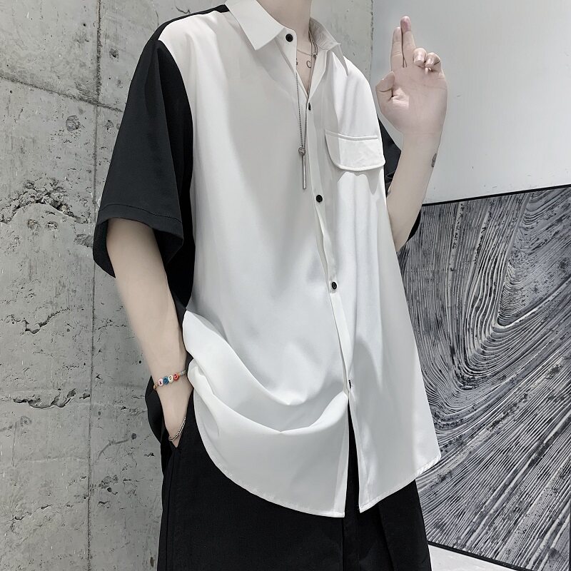 新款港风黑白宽松衬衣短袖衬衫C8015,男装衬衫,电商A061