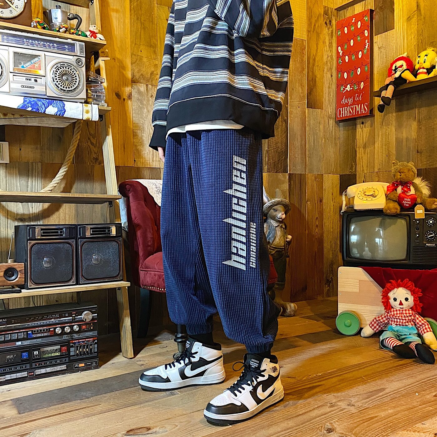 港风灯芯绒藏青色1保暖加厚休闲运动裤A061-K1886-P50控价68图片