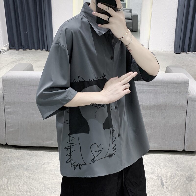 港风蓝色宽松衬衣短袖衬衫A061-C8009,男装衬衫,电商A061
