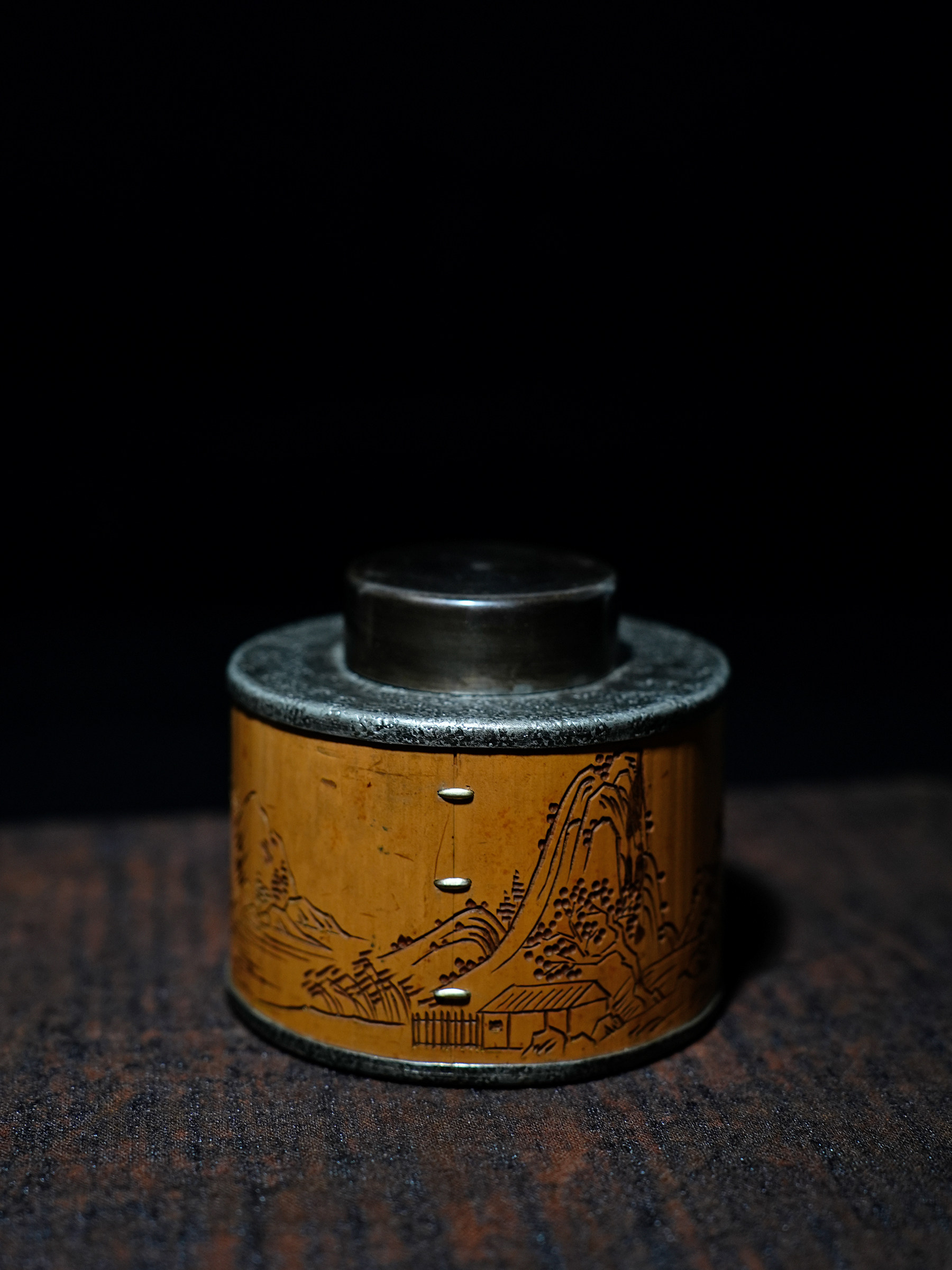 锡包竹茶叶罐老竹锔钉满工刻绘山水人家密封茶仓虫噬竹茶器茶道具