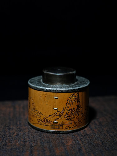 锡包竹茶叶罐老竹锔钉满工刻绘山水人家密封茶仓虫噬竹茶器茶道具