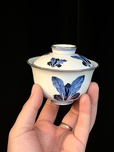 景德镇手绘青花百财白菜盖碗包银口功夫茶泡茶青花瓷内外绘125ml