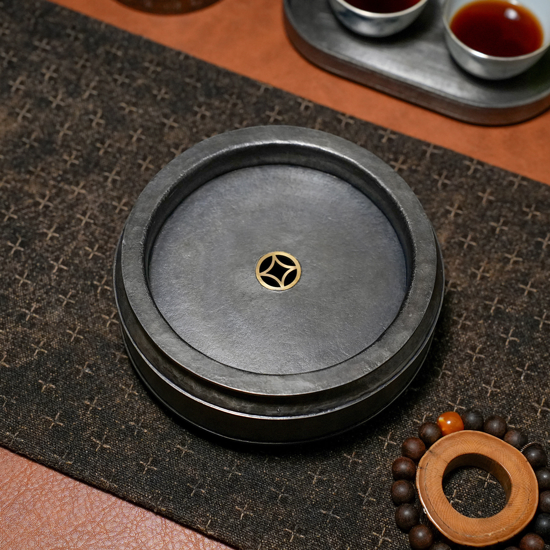 手工纯锡圆形蓄水壶承 铜钱孔入水口双线茶盘 仿古干泡台功夫茶船