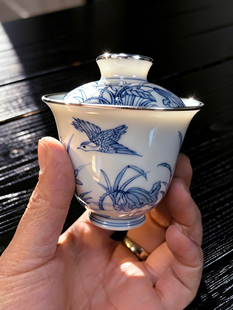 包银口薄胎手绘鸳鸯戏水青花盖碗景德镇釉下彩铃铛二才盖碗90cc