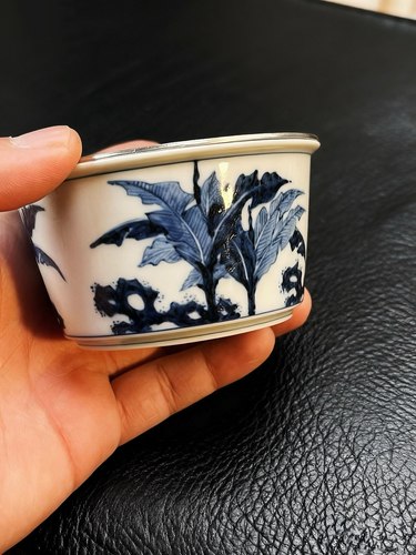 全手工内外绘手绘青花建水寿山石芭蕉叶锻打锡盖茶渣缸茶洗110ml