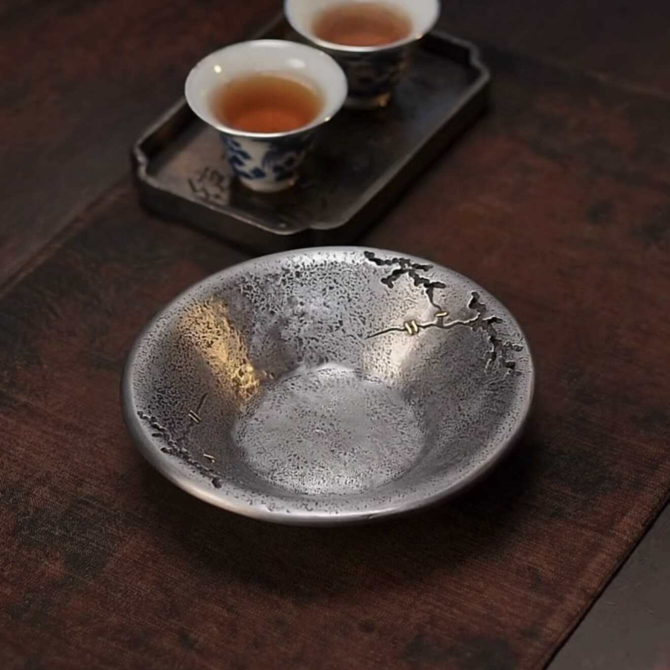 姹寂风养壶淋壶碗全手工纯锡壶承虫噬做旧锔钉干泡盘加厚肌理茶盘