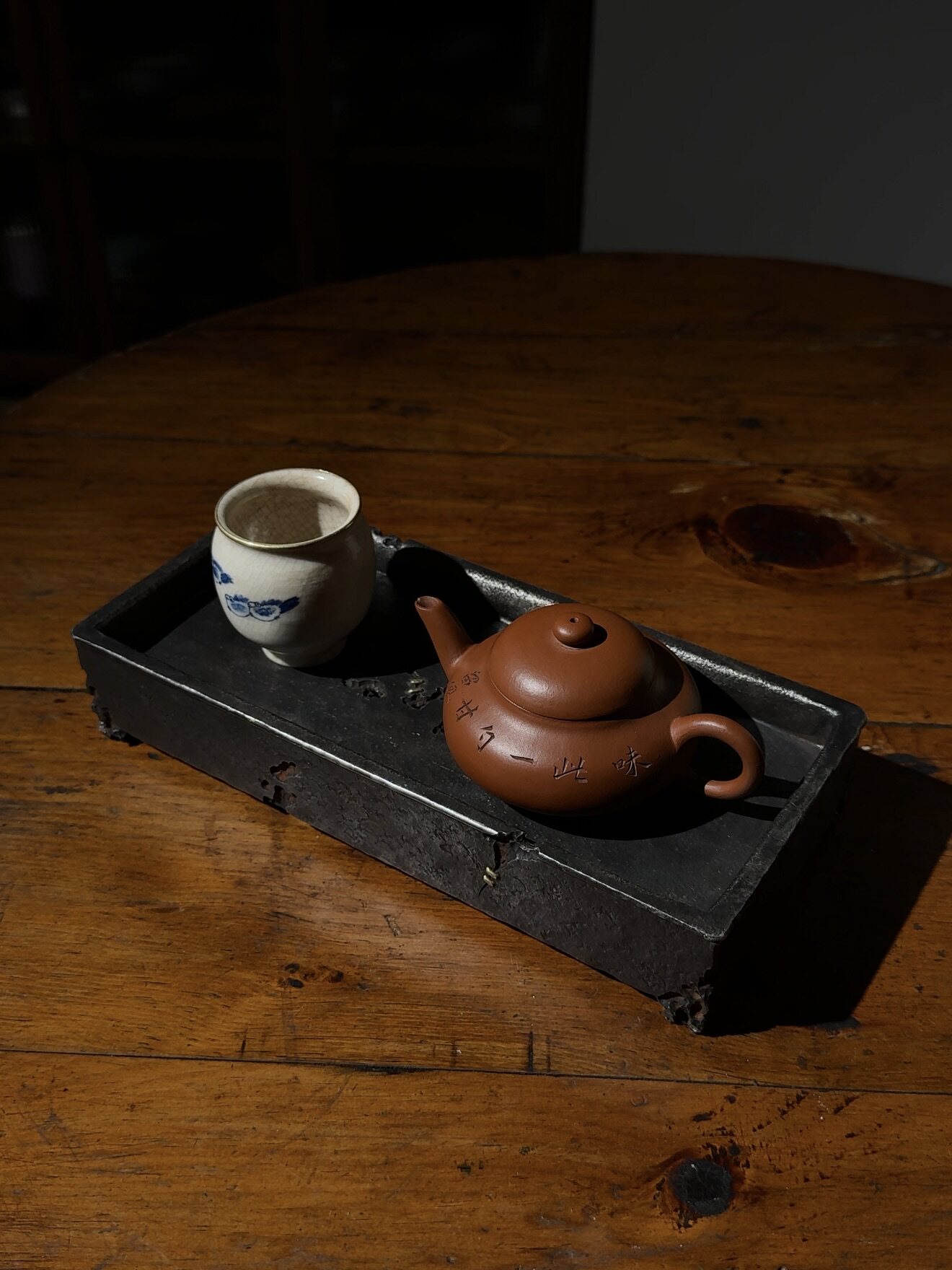纯锡手工长方茶船姹寂风蓄水壶承锔钉太湖石孔洞储水茶盘做旧茶具