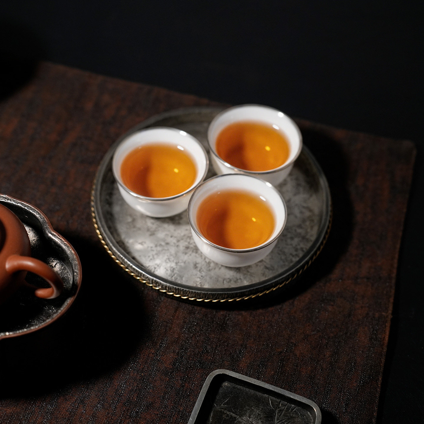 纯锡手工锤纹圆形茶盘复古做旧锡茶台杯承干泡盘姹寂风茶托茶承