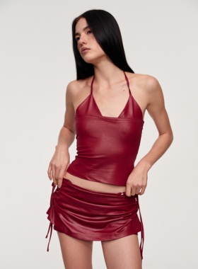 樱桃红海边辣妹套装 CSFC仿皮面假两件比基尼吊带褶皱裙裤