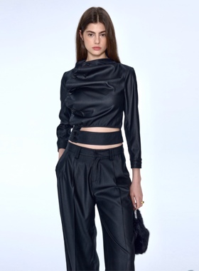 帮派女绅士廓形衬衫西裤套装 CSFC 利落七分袖褶皱门襟立领衬衫