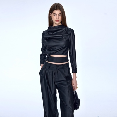 帮派女绅士廓形衬衫西裤套装 CSFC 利落七分袖褶皱门襟立领衬衫