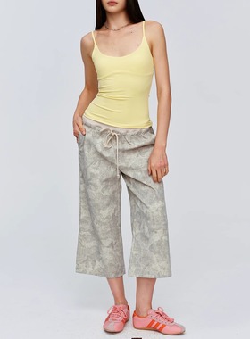 CSFC 淡人迷彩螺纹腰头八分裤全棉夏 通勤休闲松弛休闲裤女夏