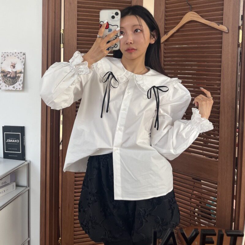 韩国甜美娃娃领蝴蝶结蕾丝衬衫女