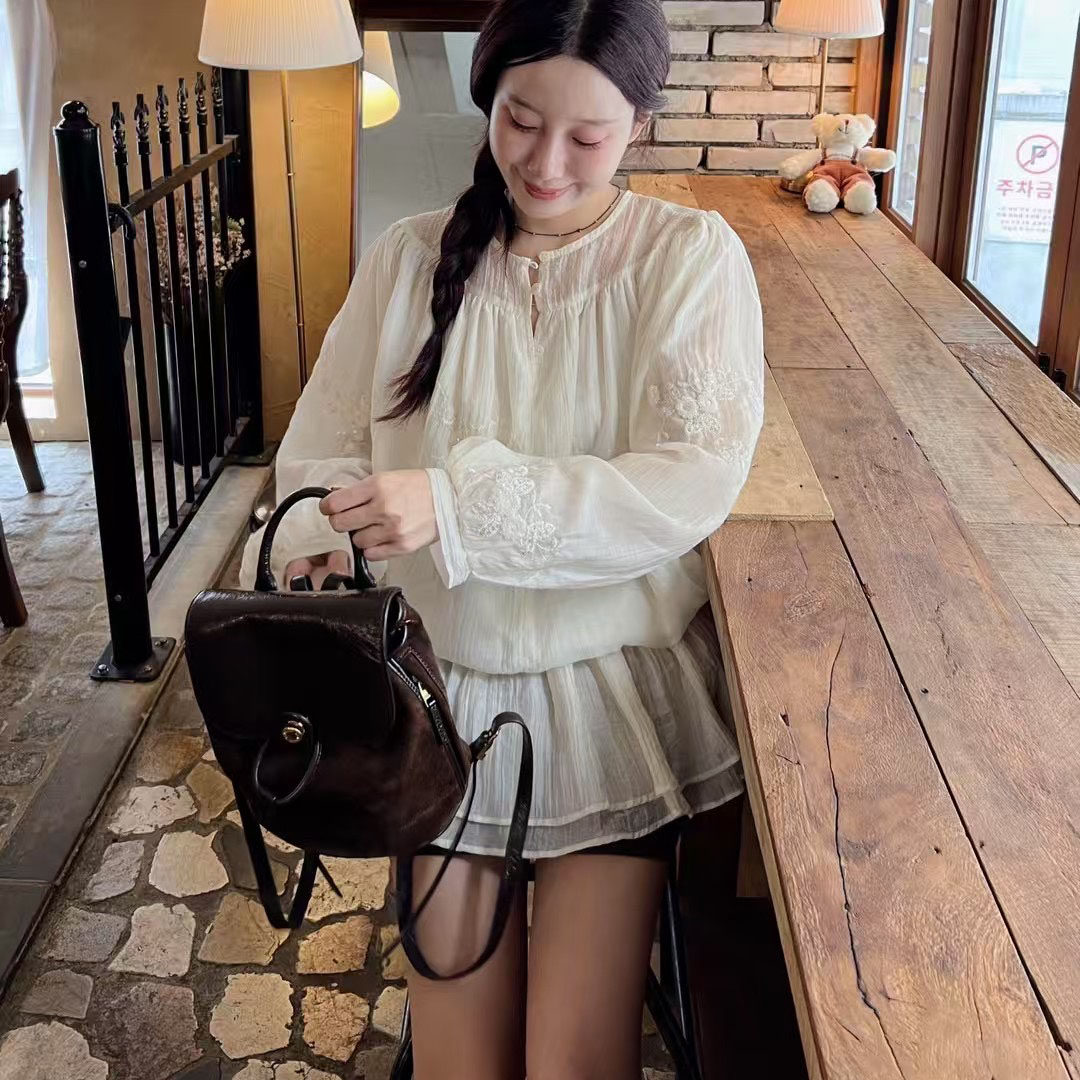 韩国甜美刺绣连衣短裙娃娃衬衫裙