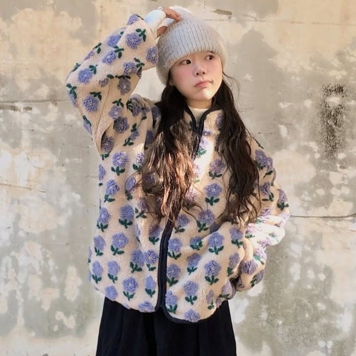 韩国东大门可爱减龄立体花朵摇粒绒卫衣宽松立领休闲羊羔绒外套女