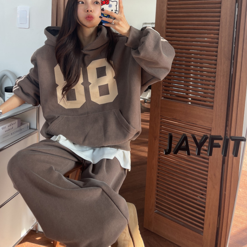 韩国东大门宽松加绒字母连帽袋鼠兜卫衣+休闲抽绳束脚卫裤套装女