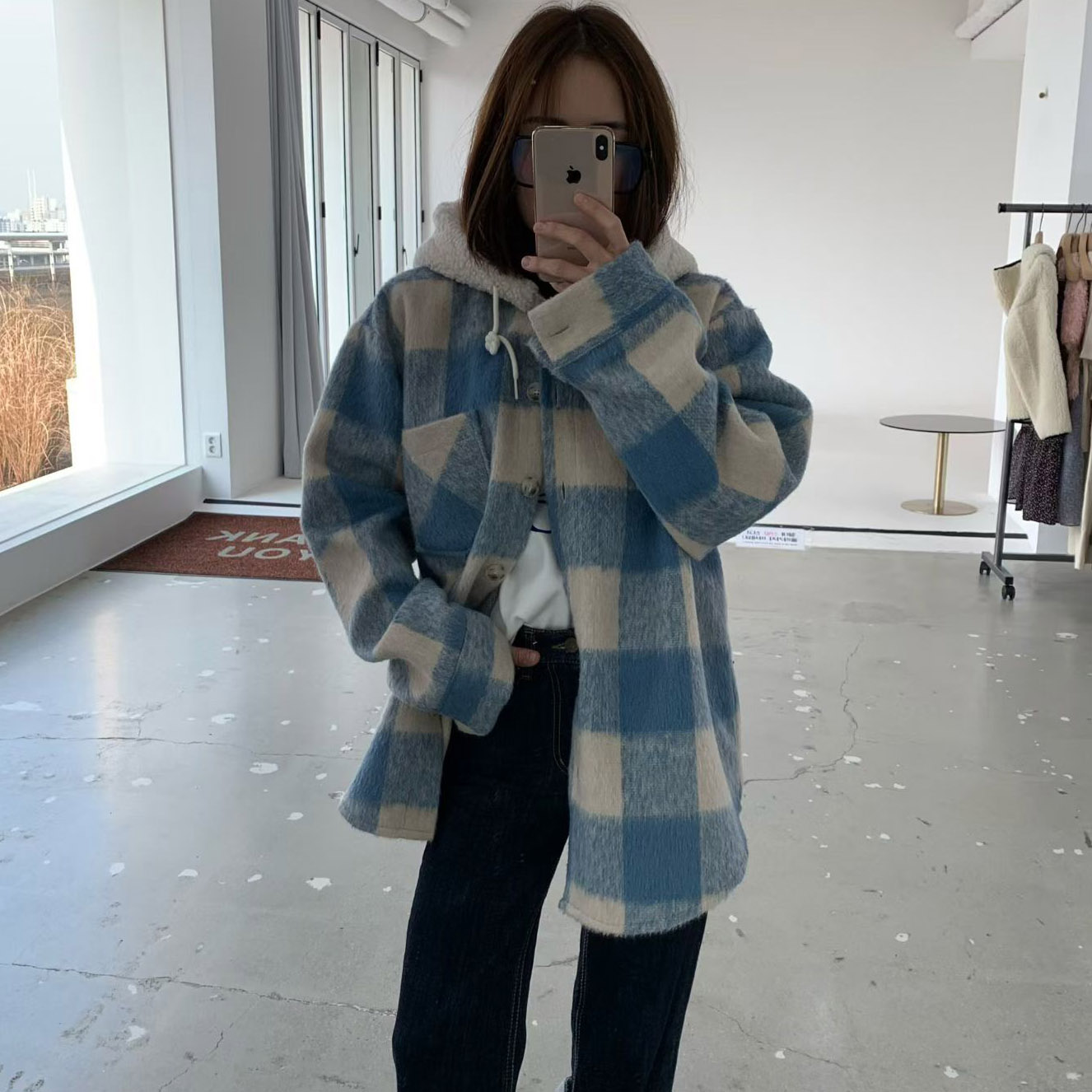 韩国东大门2025秋冬中长款连帽宽松显瘦格子绒感毛呢子大衣外套女