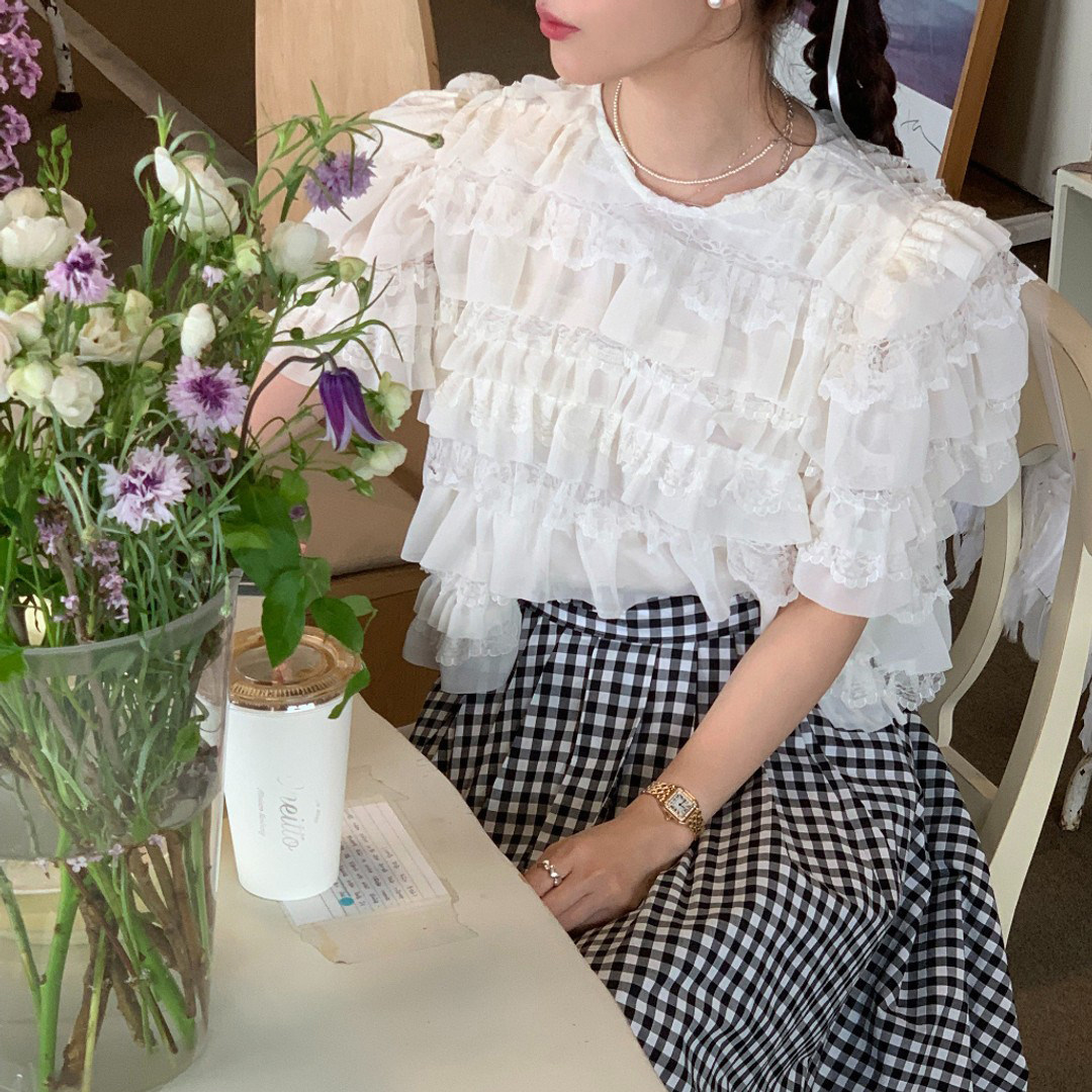 韩国重工蕾丝拼接纯色衬衫女小衫