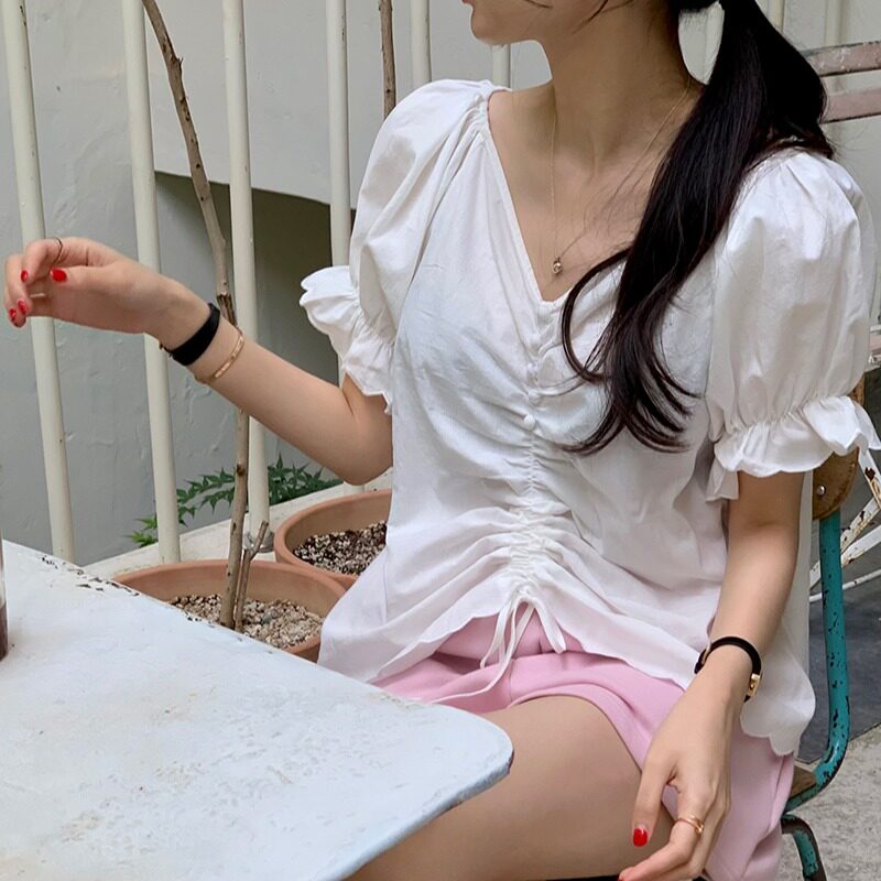 韩国气质褶皱泡泡短袖纯色衬衫女