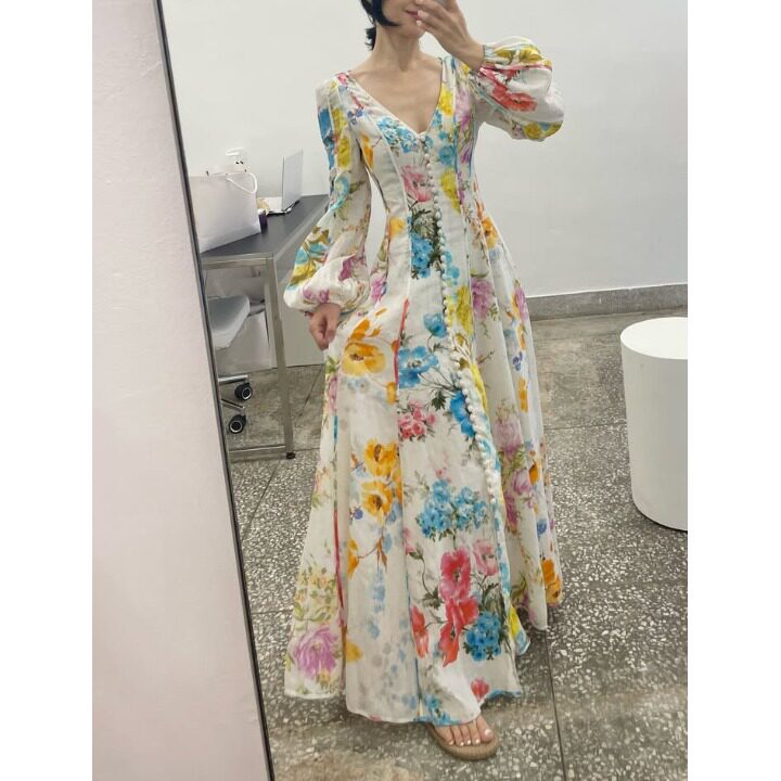 韩国V领碎花度假风长裙子连衣裙
