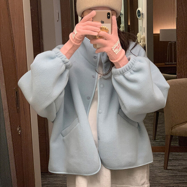 韩国立领拉链毛绒纯色卫衣短外套
