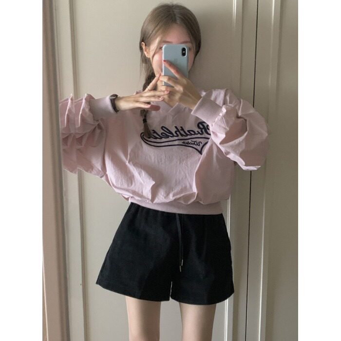 韩国V领刺绣字母长袖夹克卫衣女