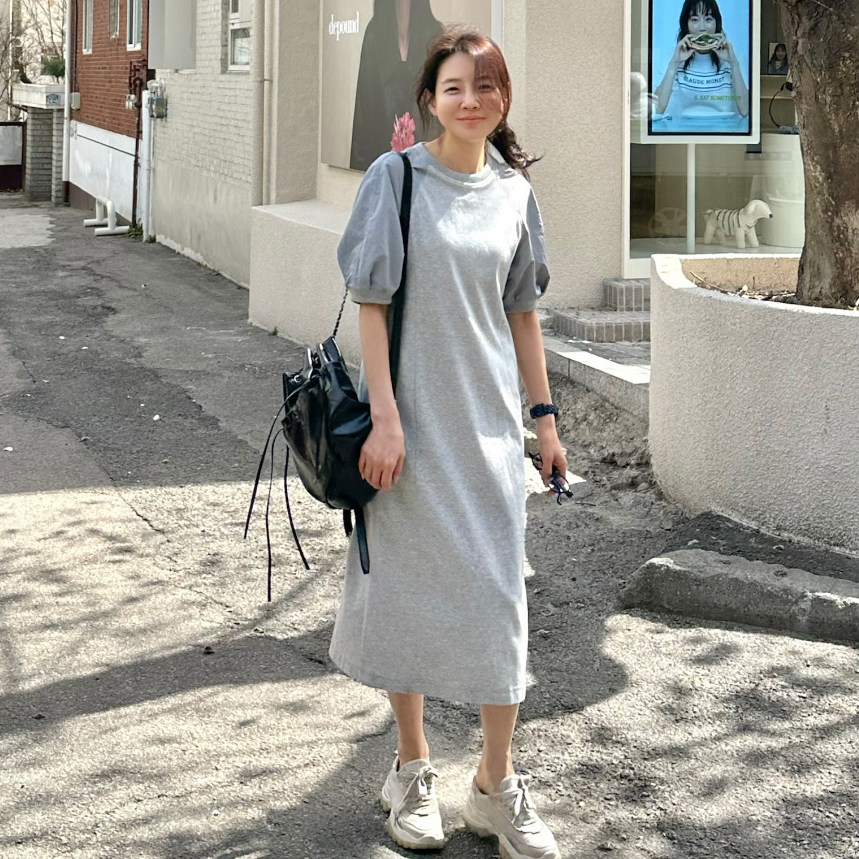 韩国拼接短袖宽松过膝T恤连衣裙