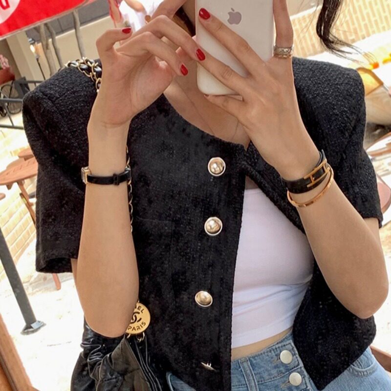 韩国单排扣短袖粗花呢上衣外套女