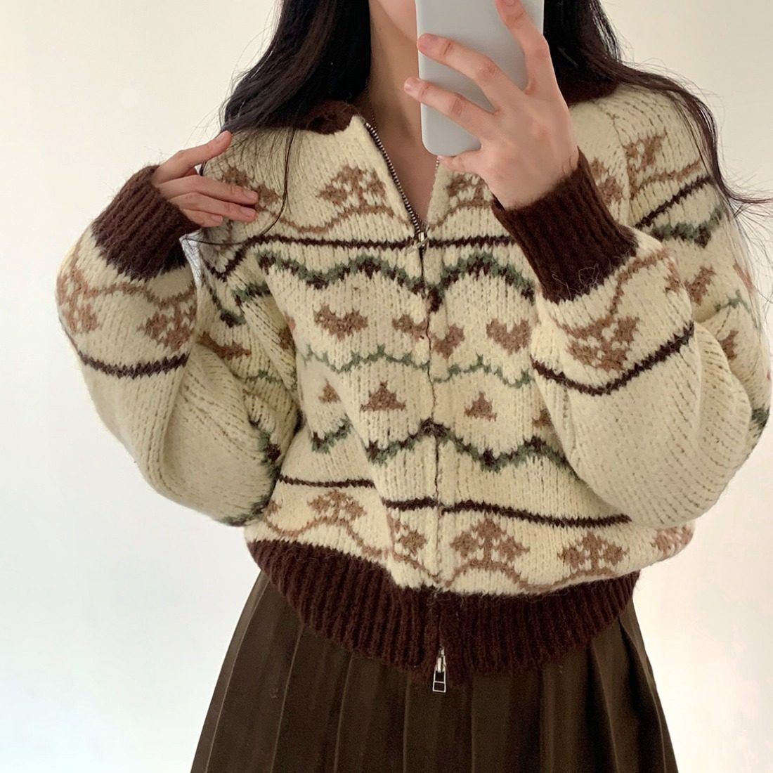 韩国东大门设计感复古小众慵懒风提花拉链宽松针织毛衣开衫外套女